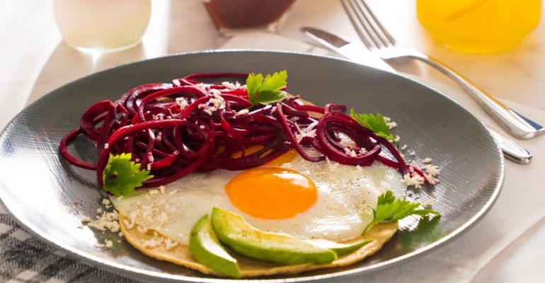 Starry Egg with Beetroot Noodles